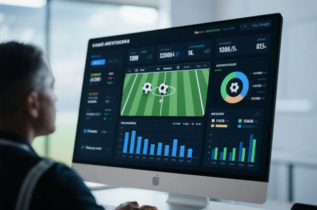 Modern sports analytics dashboard on a screen displaying football statistics and performance charts