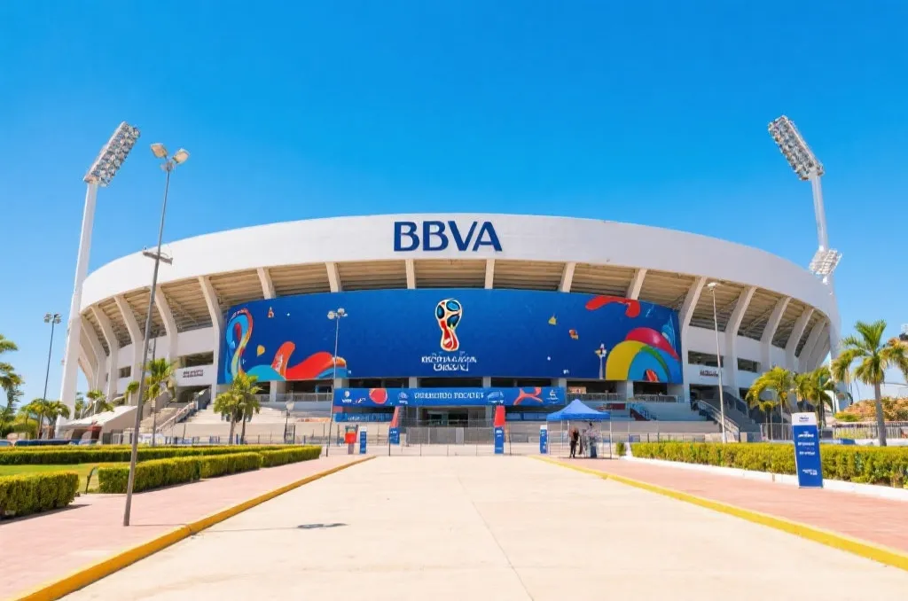 蒙特雷BBVA体育场外景,阳光明媚,静待世界杯大战爆发