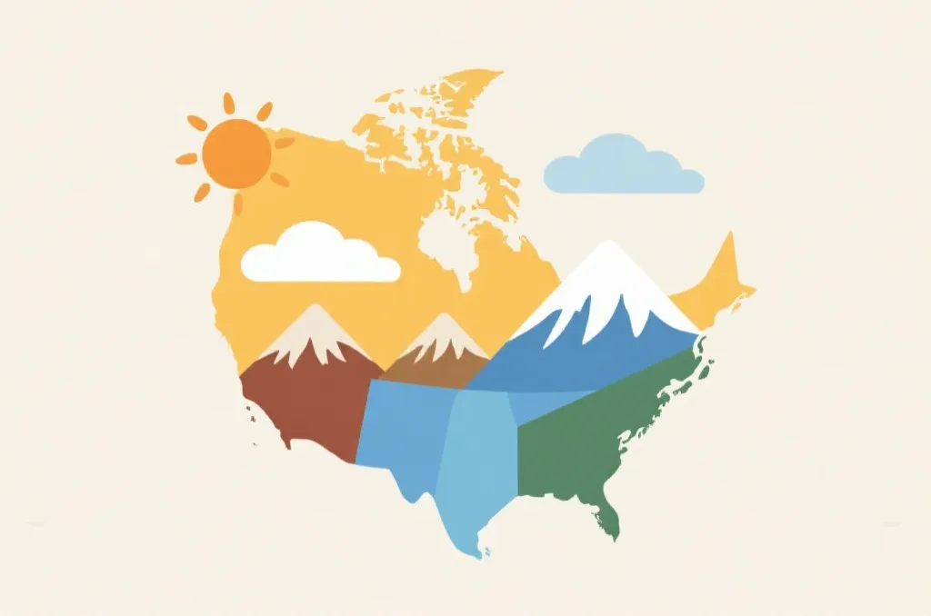 A conceptual representation of North American climate diversity showing sun, clouds, and mountain peaks in a clean graphical layout