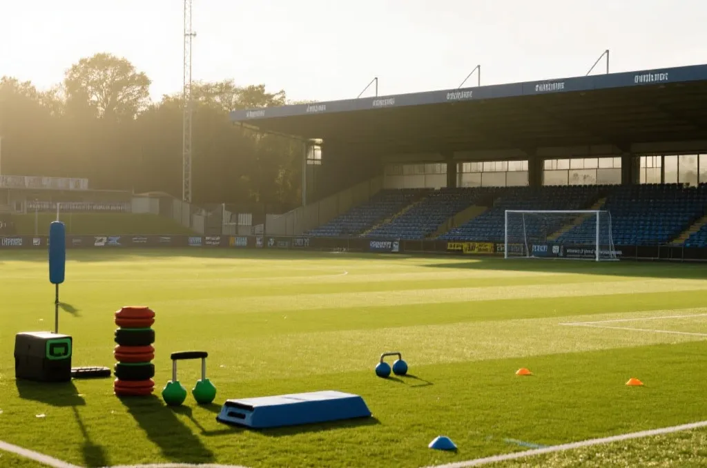 A professional training pitch under soft natural light, focused on athletic preparation and generic fitness equipment